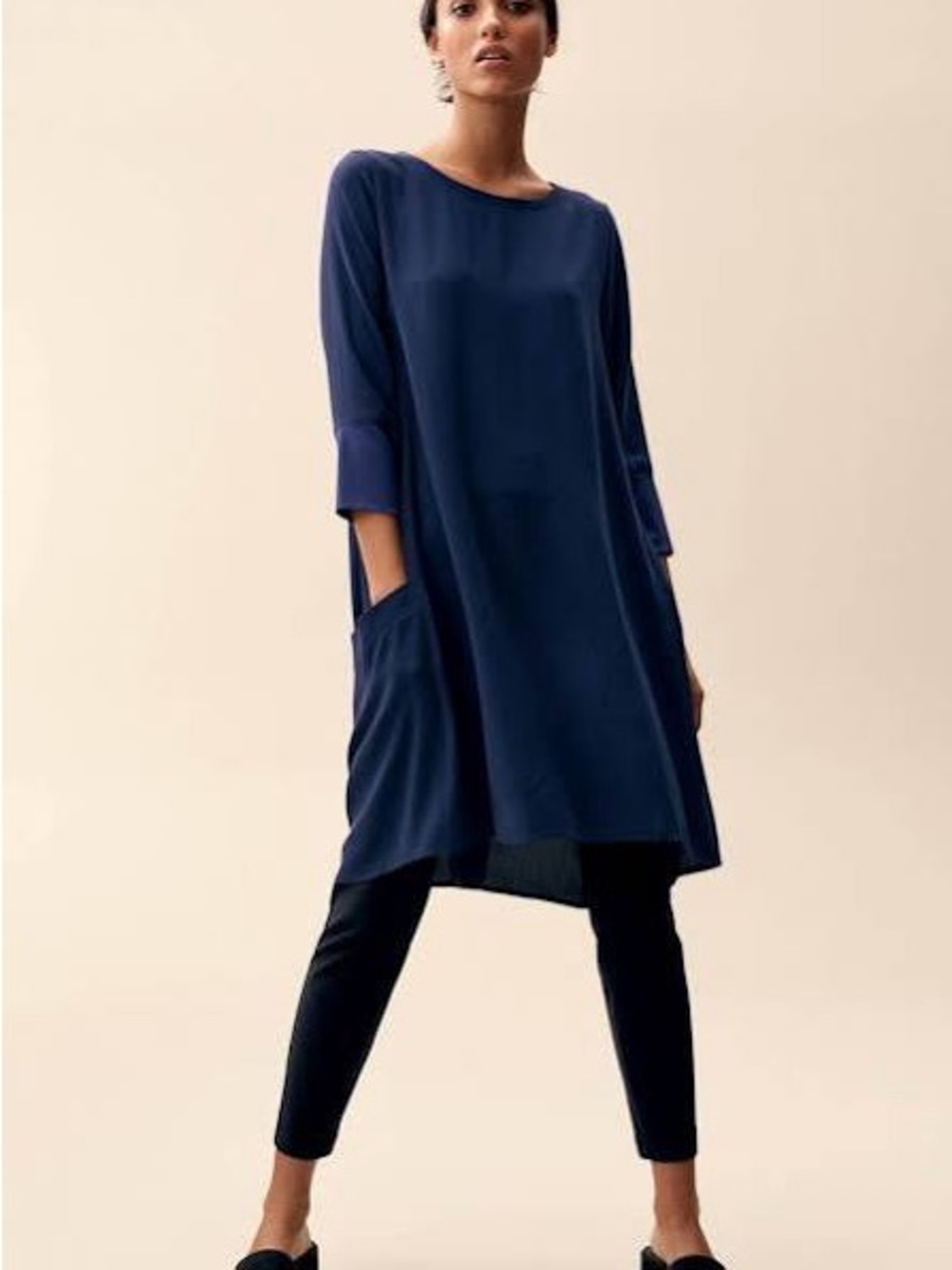 Eileen Fisher Silk Georgette Tunic Shift Dress Navy Blue Pockets Lagenlook